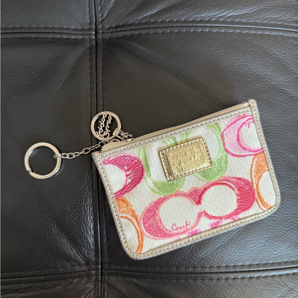 Coach Canvas Multicolor Key & Card Holder with Gold Plaque
